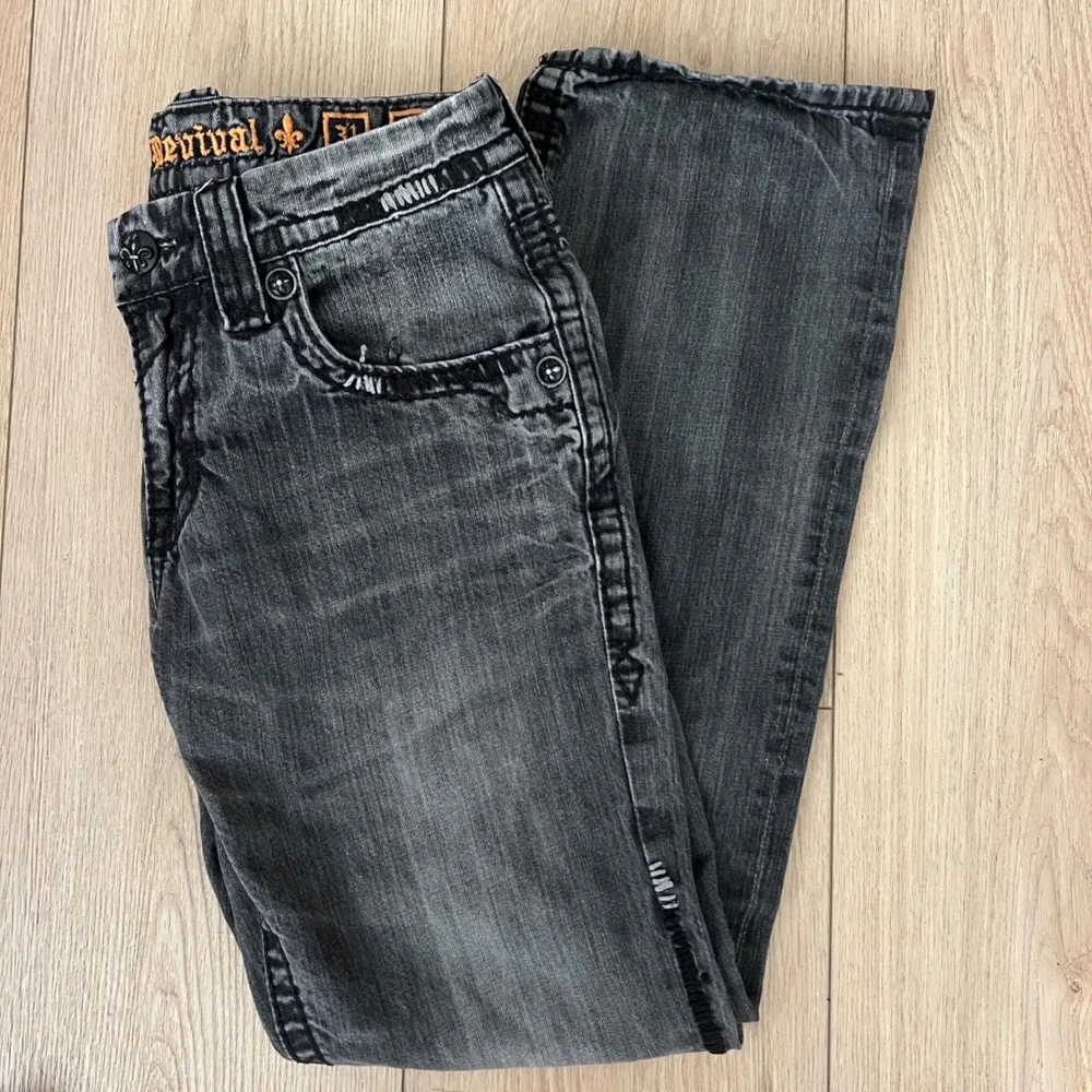 Rock Revival Moe Bootcut Jeans Faded Black Heavy Stitch.  Mens 31